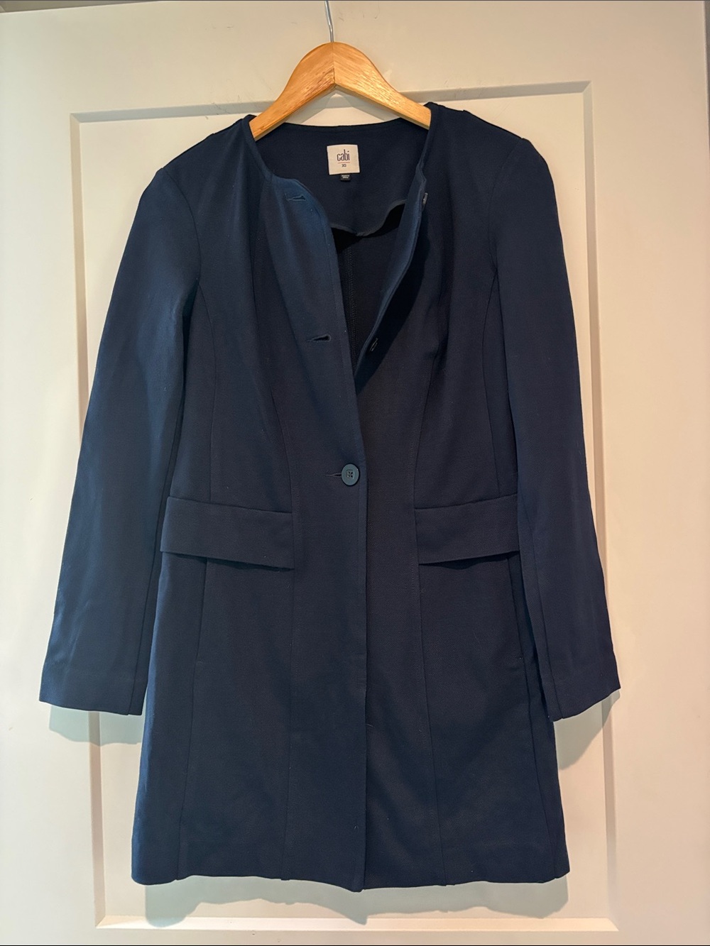 CAbi Navy Collarless Double-Button Trench Coat
